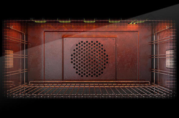 通过一个带有发光元件和金属架的空热家用烤箱内部正面的近距离视图-3D渲染