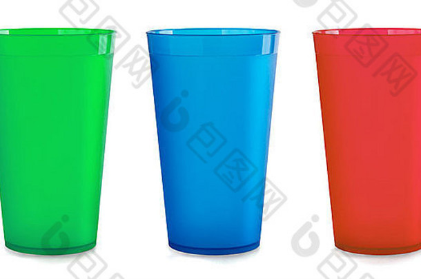 三个彩色空塑料杯，白色隔离