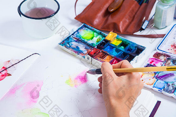 特写镜头艺术家吸引了粉红色的花木刷水彩画画垫表格谎言皮革情况下刷drawi