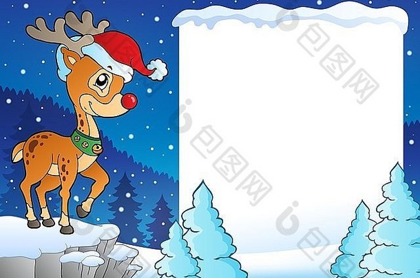 雪景框架与<strong>圣诞</strong>驯鹿-图片插图。