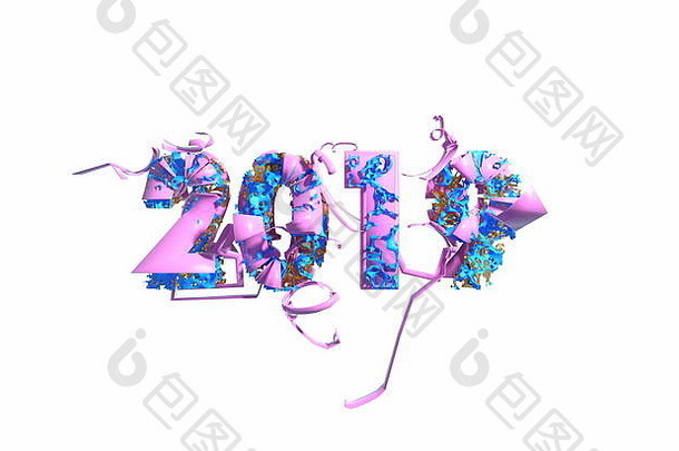 “欢乐新年”横幅，2019年流行粉色数字，由塑料和有机马特白色背景制成。抽象三维插图