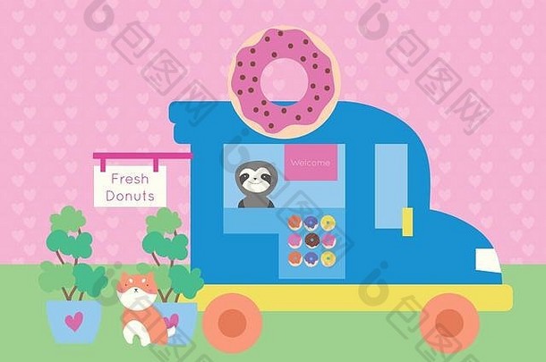 可爱的卡瓦伊明信片，带甜甜圈、汽车和动物