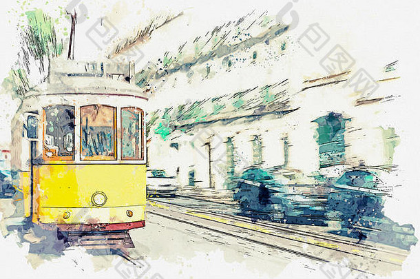 在葡萄牙里斯本，一辆传统的有轨电车沿街行驶，用水彩或插图进行素描。