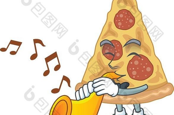 有才华的音乐家片披萨吉祥物设计玩音乐小号