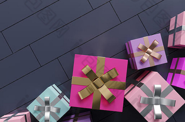 群色彩斑斓的礼物盒子黑暗反射地板上呈现