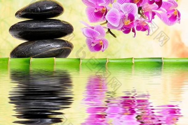 日本Zen花园堆放石头镜像水