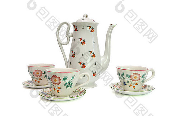 白色<strong>茶具</strong>，包括高茶壶和三个茶杯，茶托涂有山茱萸<strong>花</strong>