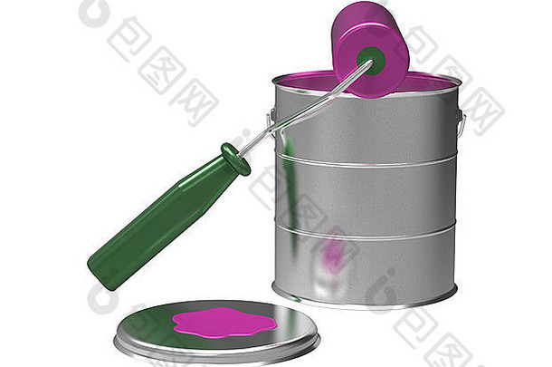 粉色涂料，滚筒和罐，3d渲染，白色隔离