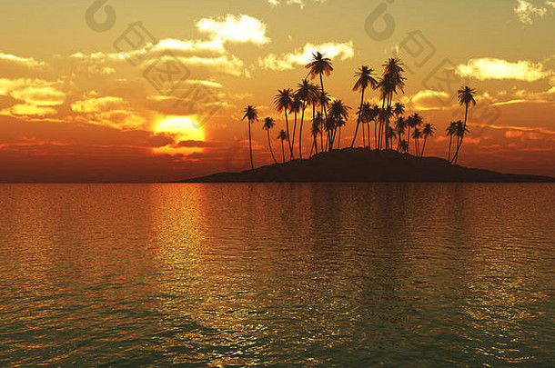 热带海洋上空多云的日落，岛上有棕榈树