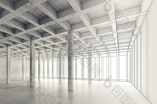 摘要体系结构背景的角度来看视图空开放空间混凝土房间插图戴着一副金属框效果