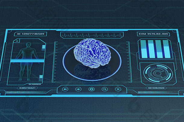 用于医学和科学用途的未来应用程序界面-人脑扫描仪（3d渲染）