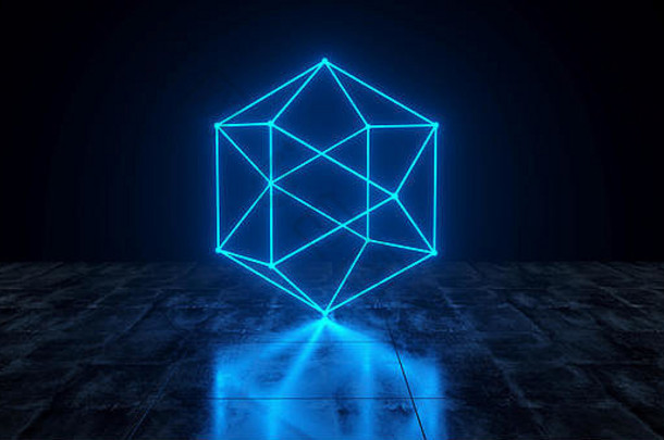 几何未来主义科幻霓虹灯原始低多球灯暗垃圾混凝土表面3D渲染插图