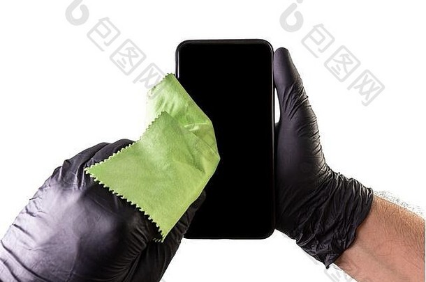 手清洁智能手机黑色的手套防止家庭清洁冠状病毒