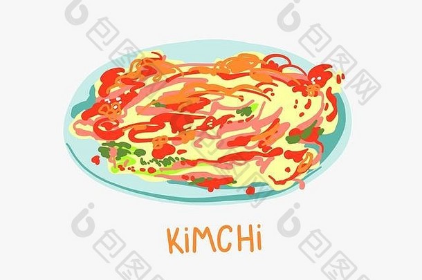 插图辣的泡菜卷心菜传统的朝鲜文食物板