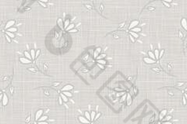 灰色法国乡村风格亚麻纹理边框背景。印有白色雏菊花。天然本色纤维茎花无缝边框图案