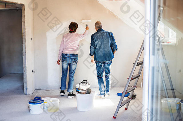 老年夫妇在新家粉刷墙壁的后视图，重新安置概念。
