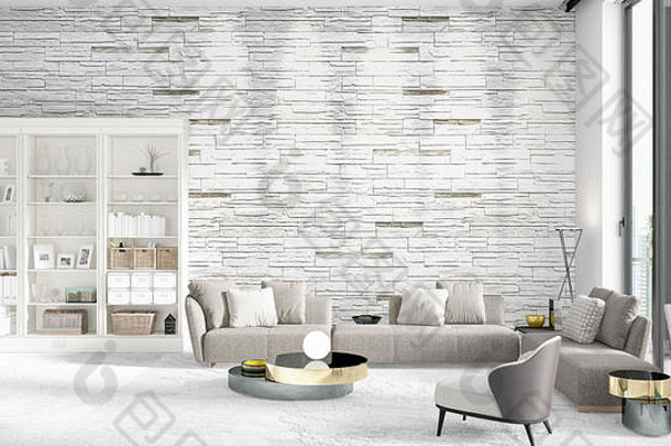 场景品牌室内时尚白色架现代灰色沙发呈现水平安排