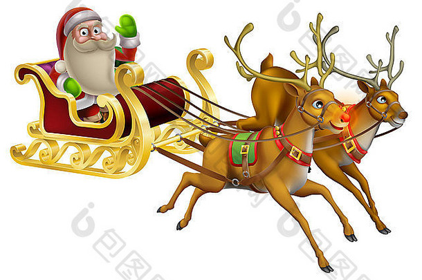 圣诞老人的圣诞雪橇插图，圣诞老人骑在他的圣诞雪橇上