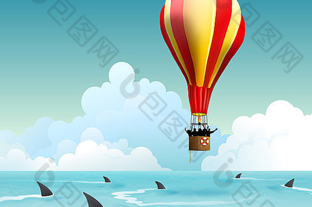 商业风险管理或金融投资失败的概念。热气球有可能在没有帮助的情况下坠落到鲨鱼出没的海洋上