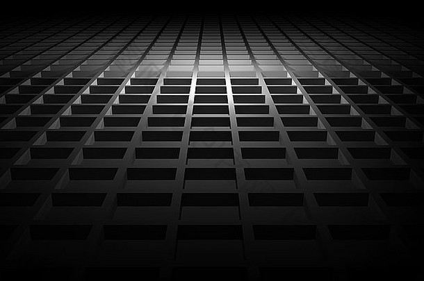抽象黑色闪光数字室内背景，地板上有方形浮雕图案，3d插图
