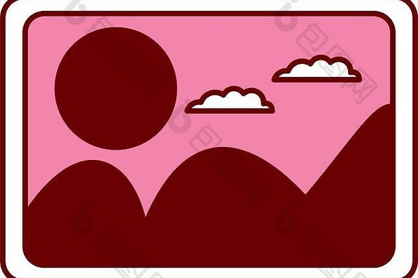 粉色和猩红色部分是图片的剪影，带有山脉、太阳和云彩