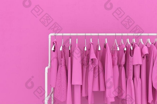 挂在<strong>粉色墙</strong>壁背景下的<strong>粉色</strong>女式衣架。单调的粉红色衣服。具有空间的创意概念插图。三维