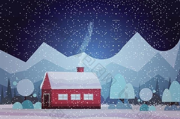 房屋冬季冷杉森林降雪林地山地景观圣诞快乐新年概念贺卡明信片平面水平