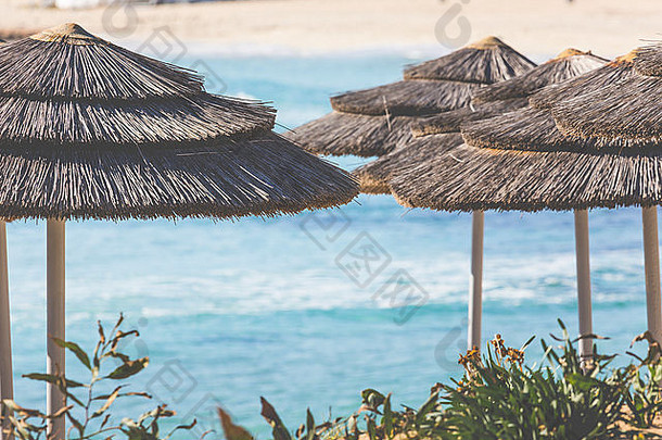 塞浦路斯海滩上一排排编织雨伞的细节。