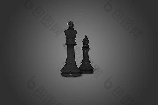 国王和王后黑色象棋人物3D插图背景。竞争、计划、战略、战斗