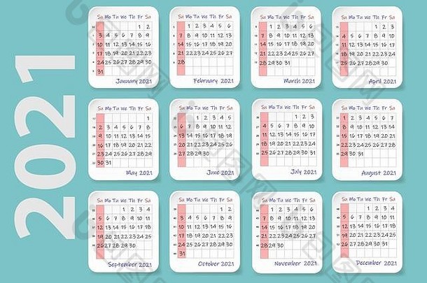 2021年挂历，一周从周日开始。十二页，包含一年中每个月的日历、周数和月天数。