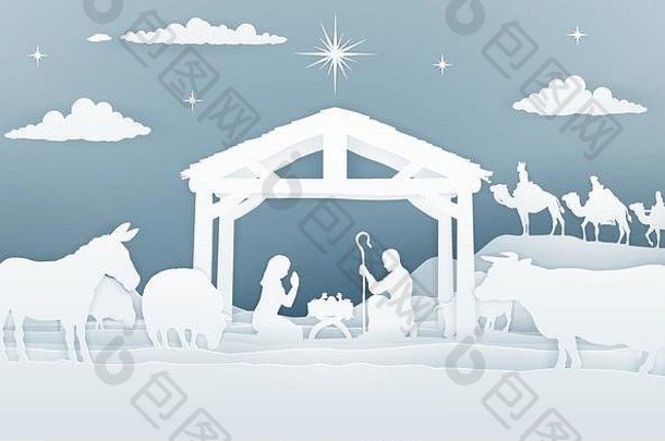 基督诞生圣诞节场景纸艺术风格