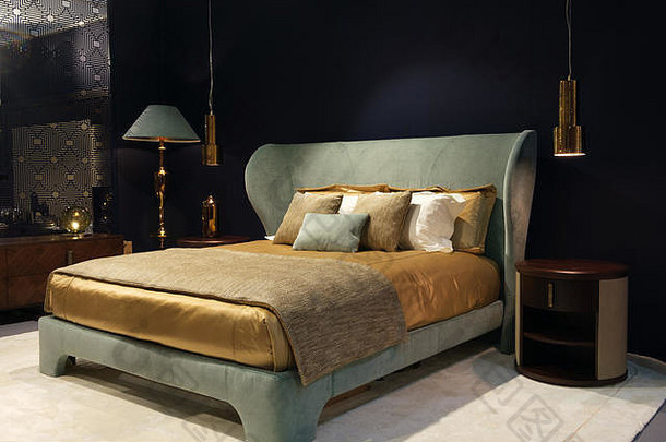 奢侈品现代黑暗蓝色的风格卧室室内酒店卧室