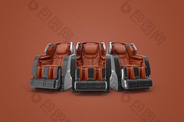在孤立的棕色背景上，三个3D渲染棕色按摩椅。