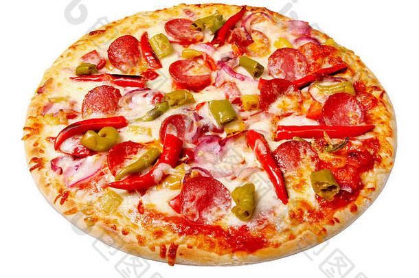 热大意大利辣香肠披萨美味的披萨作文融化奶酪培根西红柿他红辣椒蒸汽烟白色背景
