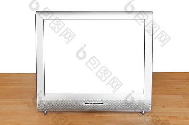 灰色电视机显示屏的前视图，带有白色背景上隔离的木桌上的切割屏幕