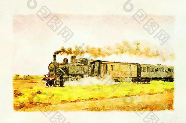 阳光明媚的日子里，古老的蒸汽火车在乡村的轨道上行驶。应用水彩画过滤器。