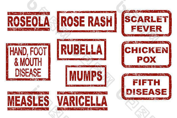 一套红色grunge风格的墨水邮票，展示各种儿童疾病