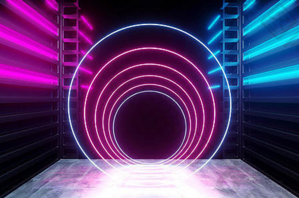 未来主义的霓虹灯黑暗阶段建设发光紫色的<strong>蓝色</strong>的复古的现代sci未来<strong>隧道</strong>走廊走廊难看的东西混凝土反射形状fluores