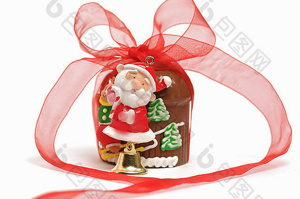 圣诞老人老人巧克力红色的丝带白色背景
