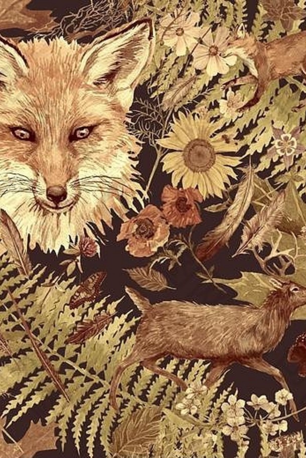 无缝的水彩手画水彩模式狐狸头运行鹿花叶子羽毛