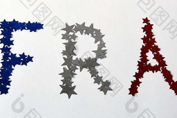 FRA标题，红、白、蓝法国星星。7月14日是法国<strong>国庆</strong>节。