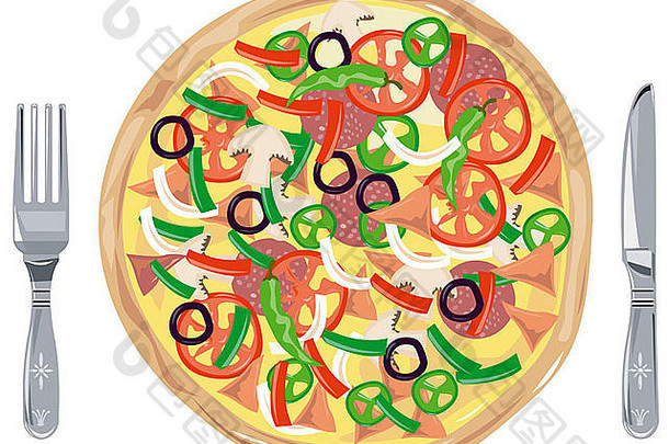 插图披萨馅饼复古的风格白色背景