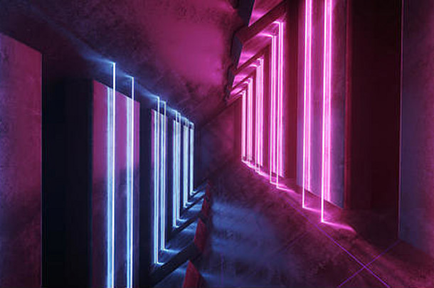 科幻霓虹灯闪烁着充满活力的紫蓝色激光荧光管形状的灯优雅的现代反射式混凝土垃圾瓦片走廊隧道