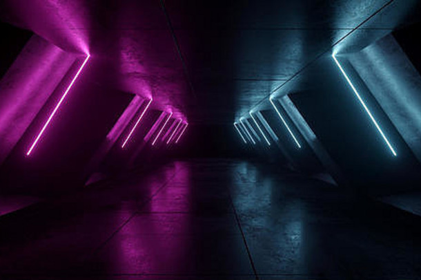 霓虹灯发光的未来主义的sci黑暗灯紫色的蓝色的未来主义的三角形列混凝土难看的东西空宇宙飞船隧道房间虚拟网络激光bea