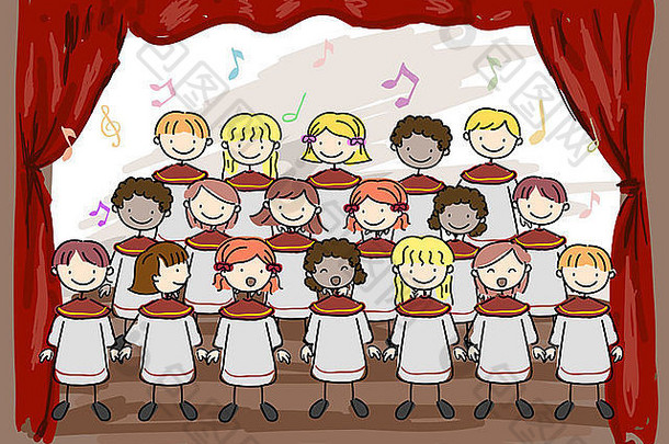 儿童合唱团在舞台上表演的插图