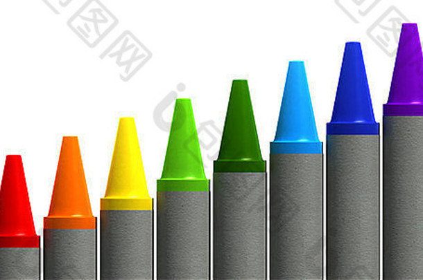 在孤立的白色背景上一排彩色蜡笔的光谱