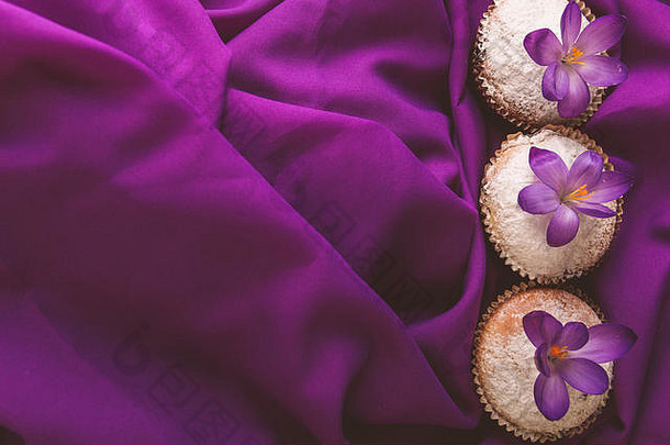 紫色背景上装饰有番红花的松饼。春天顶视图。拷贝空间