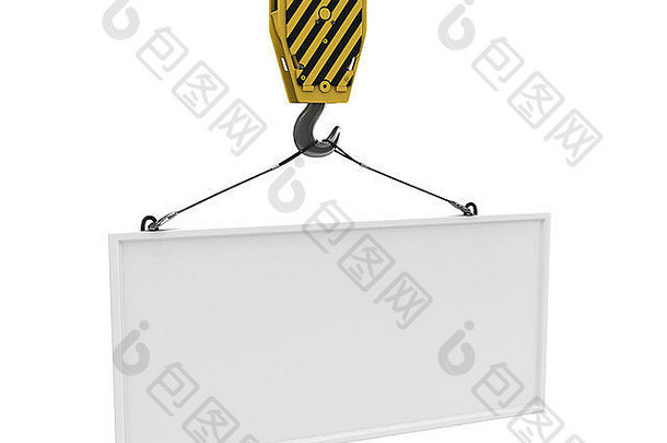 黄色的起重机钩提升白色空白飞机文本孤立的白色背景