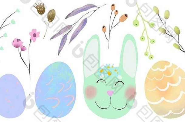 复活节设计元素集。鸡蛋，花，兔子，花，树枝。