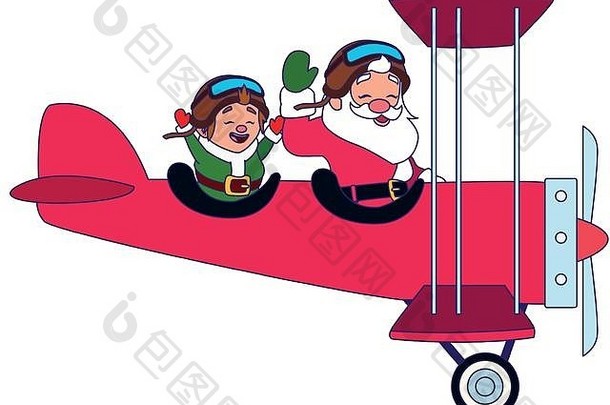 飞机上的圣诞精灵和圣诞老人